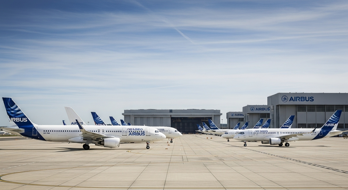 Airbus aircraft lineup at Toulouse facility symbolizing record backlog of over 8,700 jets.