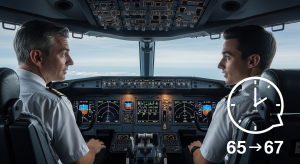 Airline cockpit with older and younger pilot overlaid with graphic showing 65 to 67 extension.