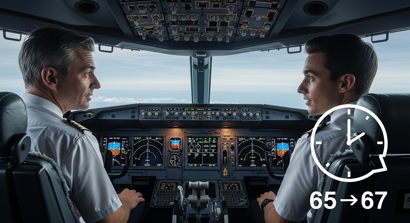 Airline cockpit with older and younger pilot overlaid with graphic showing 65 to 67 extension.