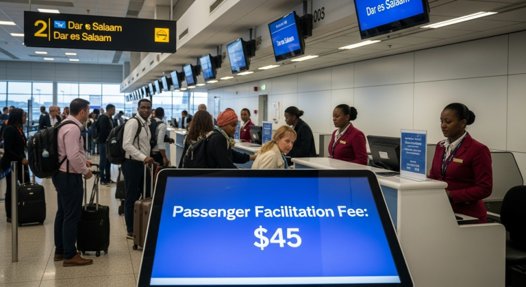 Airport departure board showing $45 passenger facilitation fee in Tanzania.