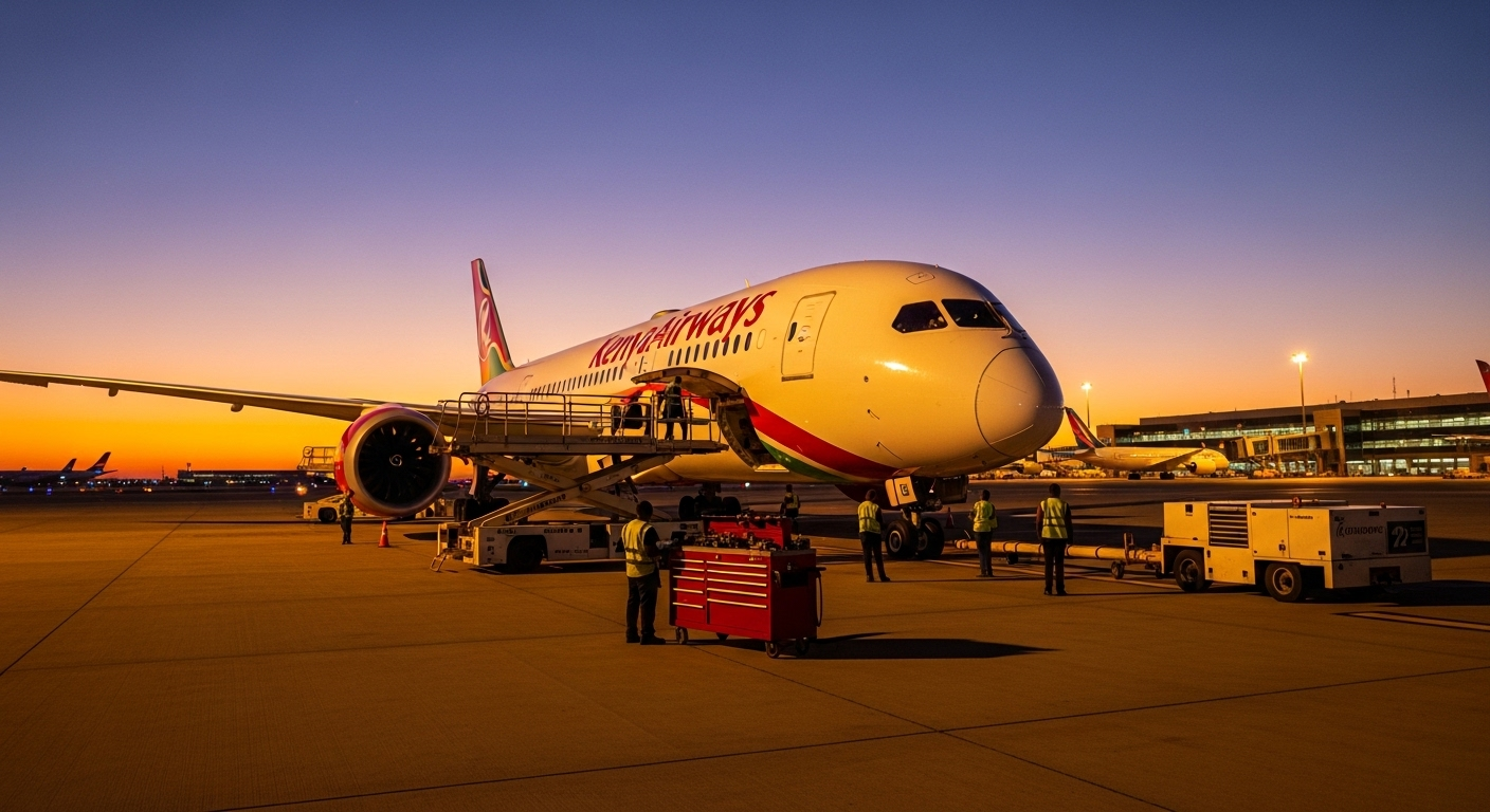 Kenya Airways grounded 787s undergoing maintenance at Nairobi amid GEnx delays.