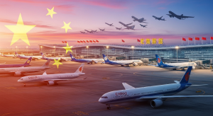 Commercial jets lined up at Chinese airport representing pending mega orders from China to Boeing and Airbus.