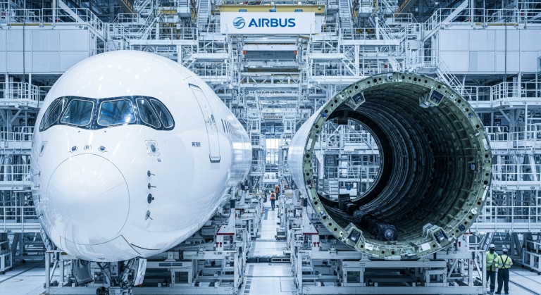 Airbus A350F fuselage sections at Toulouse final assembly line marking start of freighter assembly.