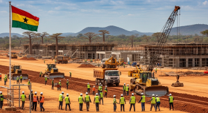 Photo-realistic depiction of Bolgatanga airport construction in northern Ghana with workers, runway, and savannah backdrop.
