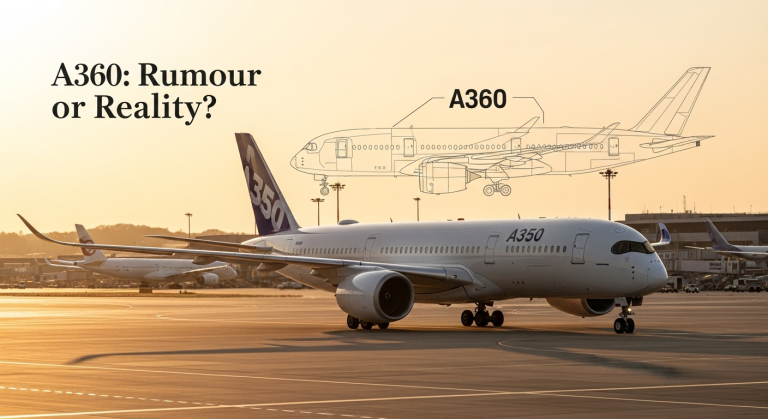 Airbus A350 on tarmac with blueprint overlay illustrating Airbus future aircraft discussion and A360 rumours.