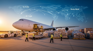 Air cargo freight operations at night with containers and aircraft, representing IATA July 2025 air cargo report findings.