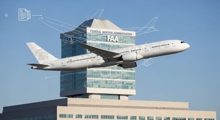 Airliner in front of FAA headquarters symbolizing FAA speed certification changes for new commercial airplanes.