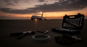 Grounded aircraft at Lagos apron with pilot helmet and maintenance tools representing aircraft shortage grounds pilots engineers.