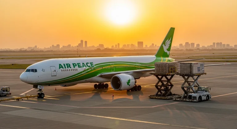 Air Peace aircraft on apron — aviation cuts trade costs and strengthens Nigeria–UK links.