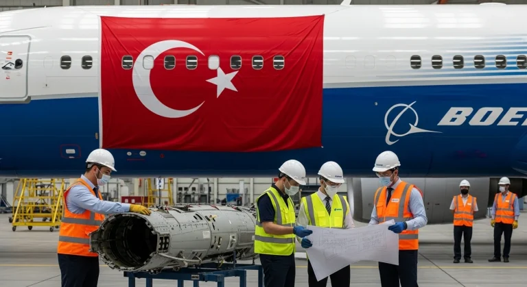 Boeing aircraft with Turkish aerospace engineers at Istanbul Teknopark, symbolizing $2B procurement milestone.