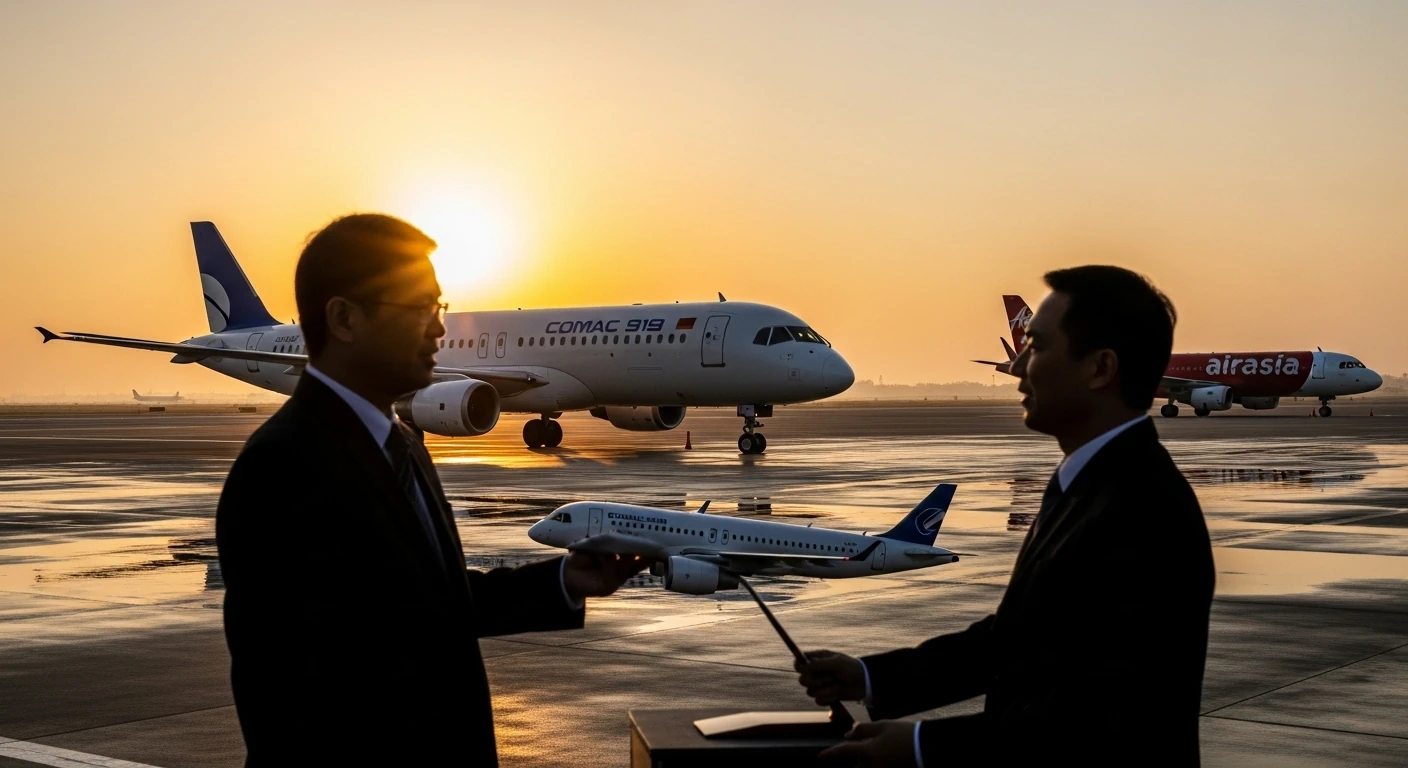 AirAsia COMAC C919 talks — COMAC C919 on tarmac beside AirAsia jet as executives discuss a potential order.