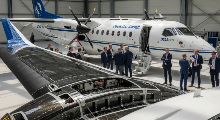 D328eco test aircraft rollout at Deutsche Aircraft Wessling hangar, marking revival of the Dornier 328 platform.