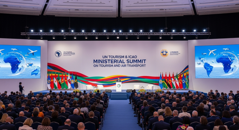 UN Tourism and ICAO Ministerial Summit in Luanda, Angola, with global delegates discussing air transport and tourism cooperation.