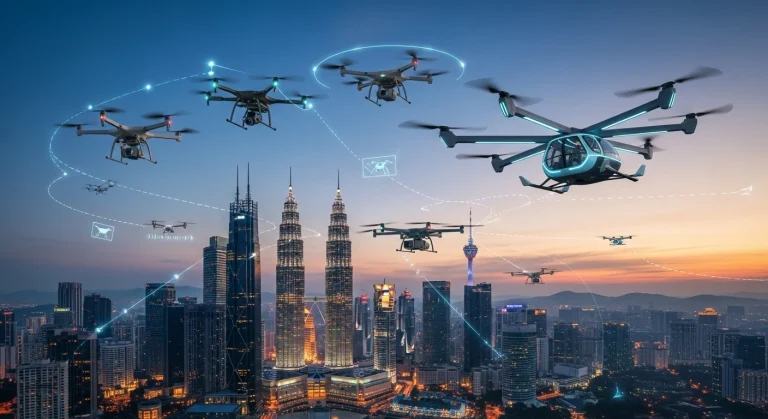 Kuala Lumpur skyline with drones and air taxis representing Malaysia’s low-altitude economy regulation by CAAM.