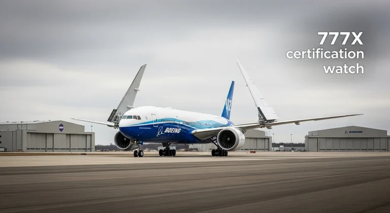 Boeing 777X on test ramp — 777X delayed to 2027 as certification work continues.
