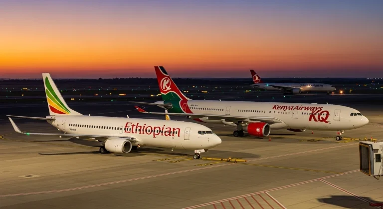 African airlines seek partnerships — aircraft at an international airport at dusk.