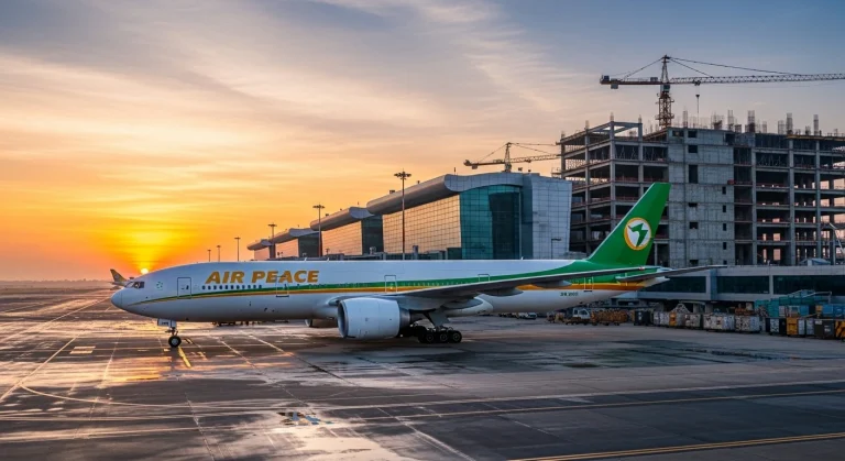 Air Peace Boeing 777-200ER on Lagos apron, upcoming MRO site visible.