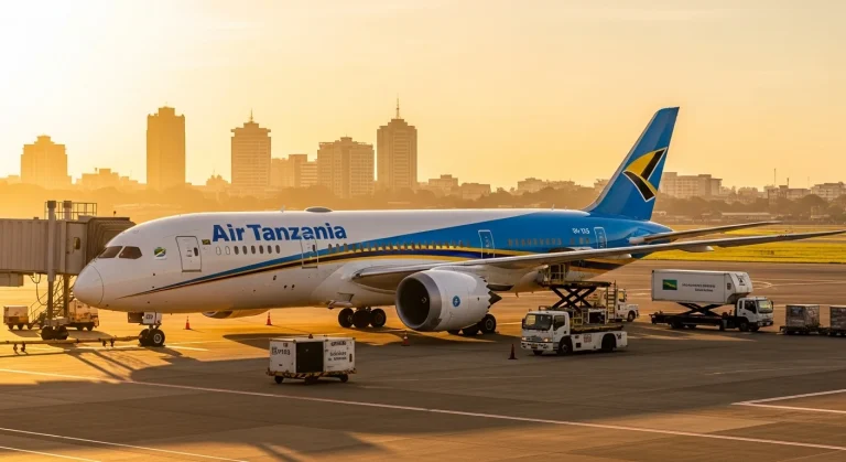 Air Tanzania Boeing 787 parked at Dar es Salaam — Air Tanzania job openings support fleet and route expansion.