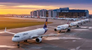 Airbus A320neo family aircraft taxi at sunrise — Airbus cumulative deliveries turn positive in September (Cirium provisional data).