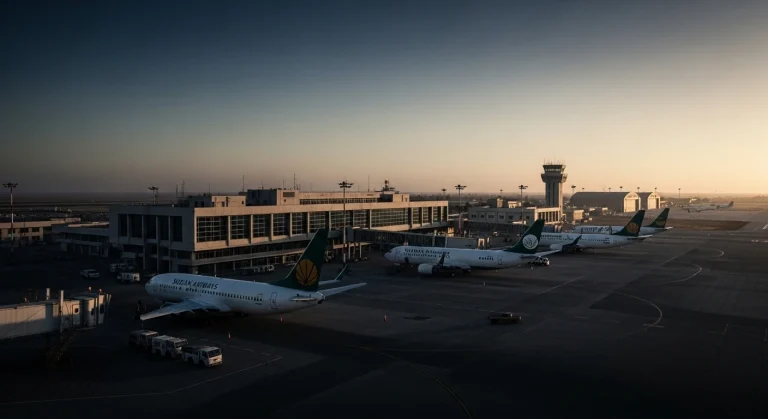 Khartoum International Airport apron at dawn — reopening delayed after drone strikes raise security concerns.