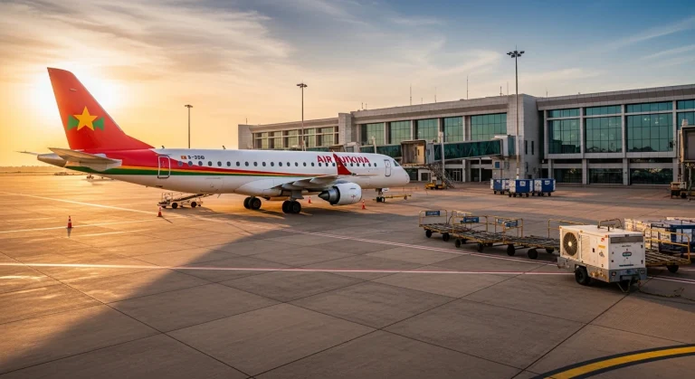Air Burkina Embraer E190 at Ouagadougou — fleet renewal boosts regional connectivity.