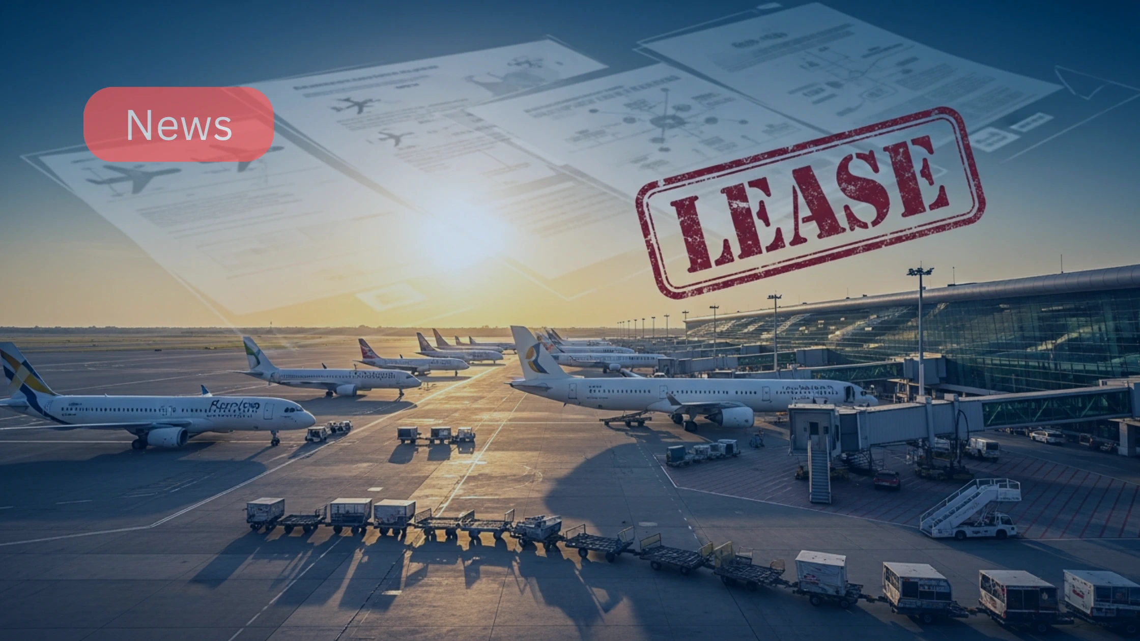 Nigerian airport apron with aircraft and a graphic overlay symbolising aircraft leasing.