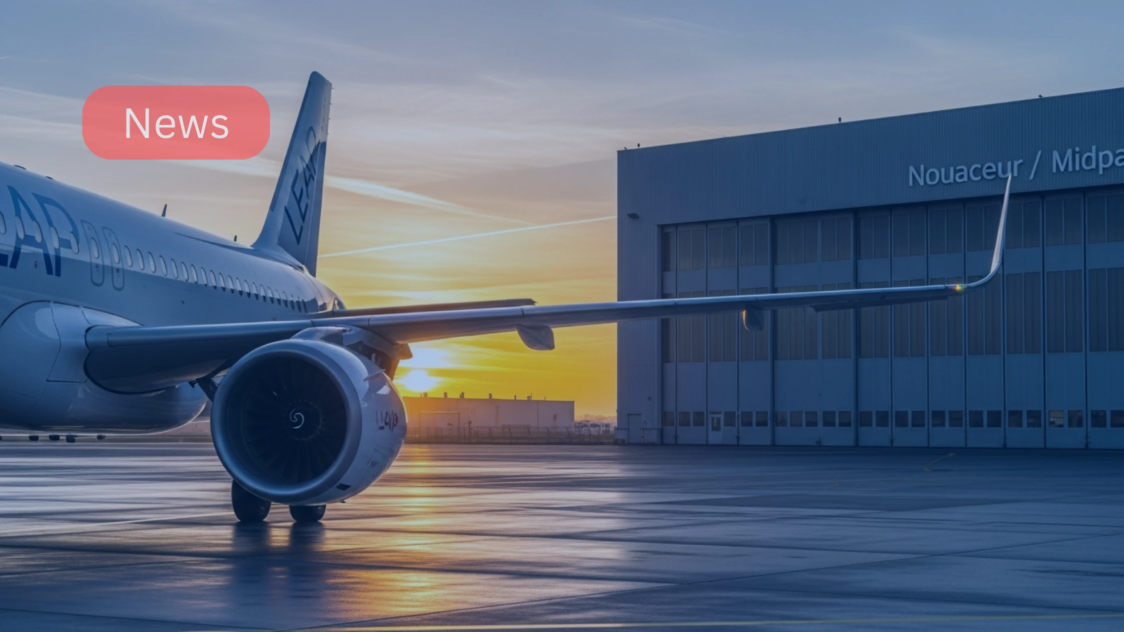 Safran LEAP-powered A320neo with engine nacelle and Nouaceur industrial hangars — Safran aircraft engine complex Morocco.