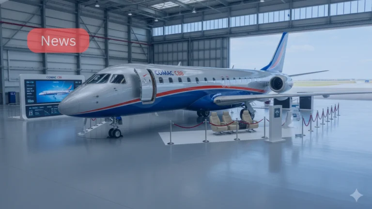 COMAC CBJ demonstrator at exhibition — China’s large-cabin business jet adapted from the C909.