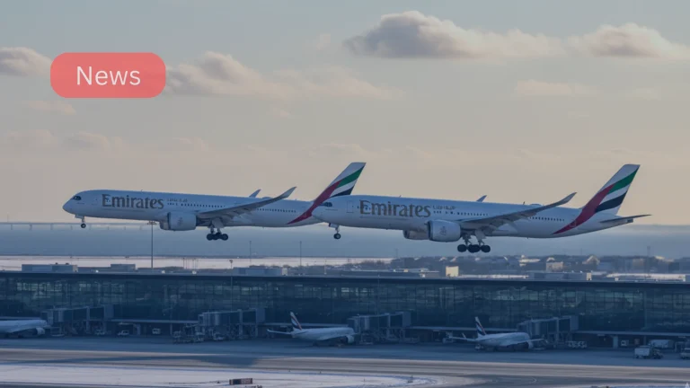 Emirates A350-900 and Boeing 777-300ER at Copenhagen Airport signaling end of A380 operations.