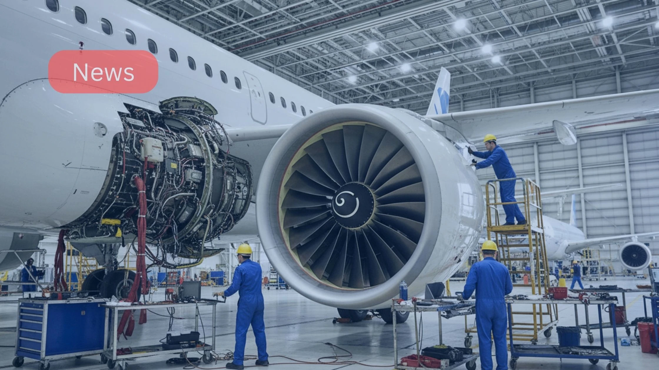 FAA PW1100G modifications being performed on an A320neo engine in a maintenance hangar.
