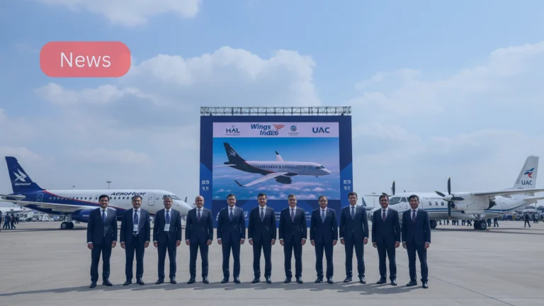 India Russia civil aviation cooperation SJ-100 and Il-114 aircraft display at Wings India 2026.