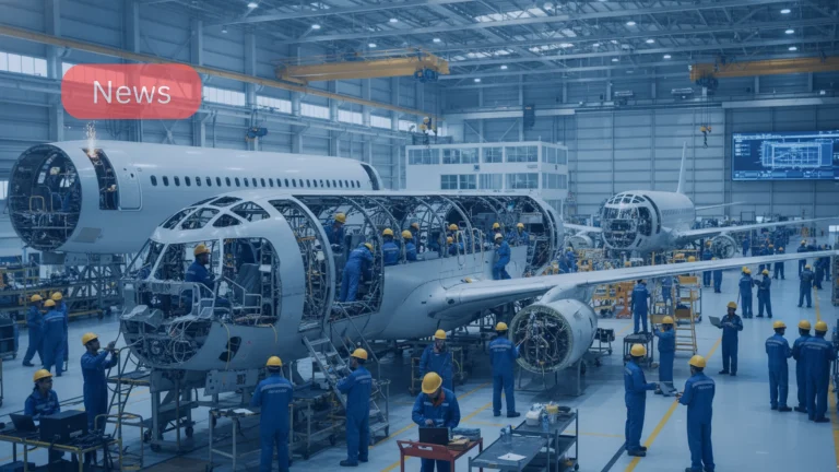 India aviation manufacturing: engineers at aircraft production facility for passenger jets