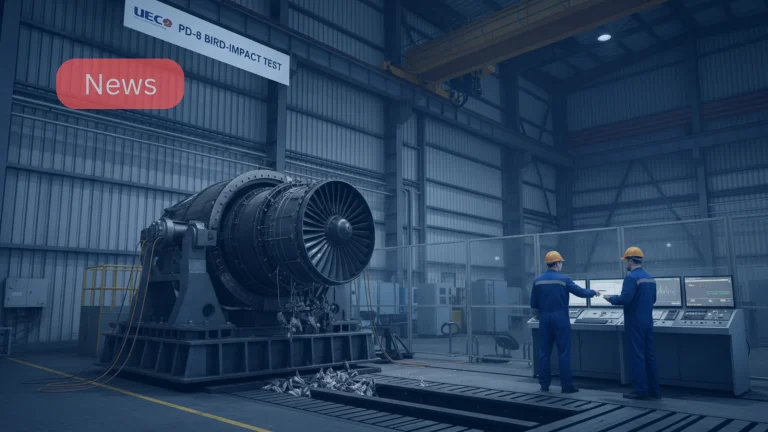 PD-8 engine on test stand during bird-impact certification at UEC-Saturn facility.