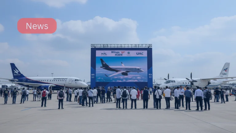 Wings India 2026 aircraft display featuring United Aircraft SJ-100 and Il-114-300 regional aircraft.
