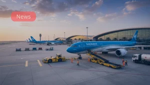 Kuwait Airways ground handling operations at Kuwait International Airport apron.