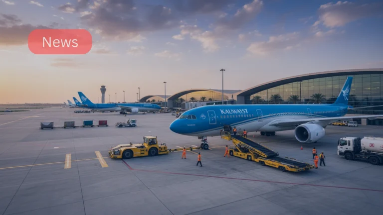 Kuwait Airways ground handling operations at Kuwait International Airport apron.