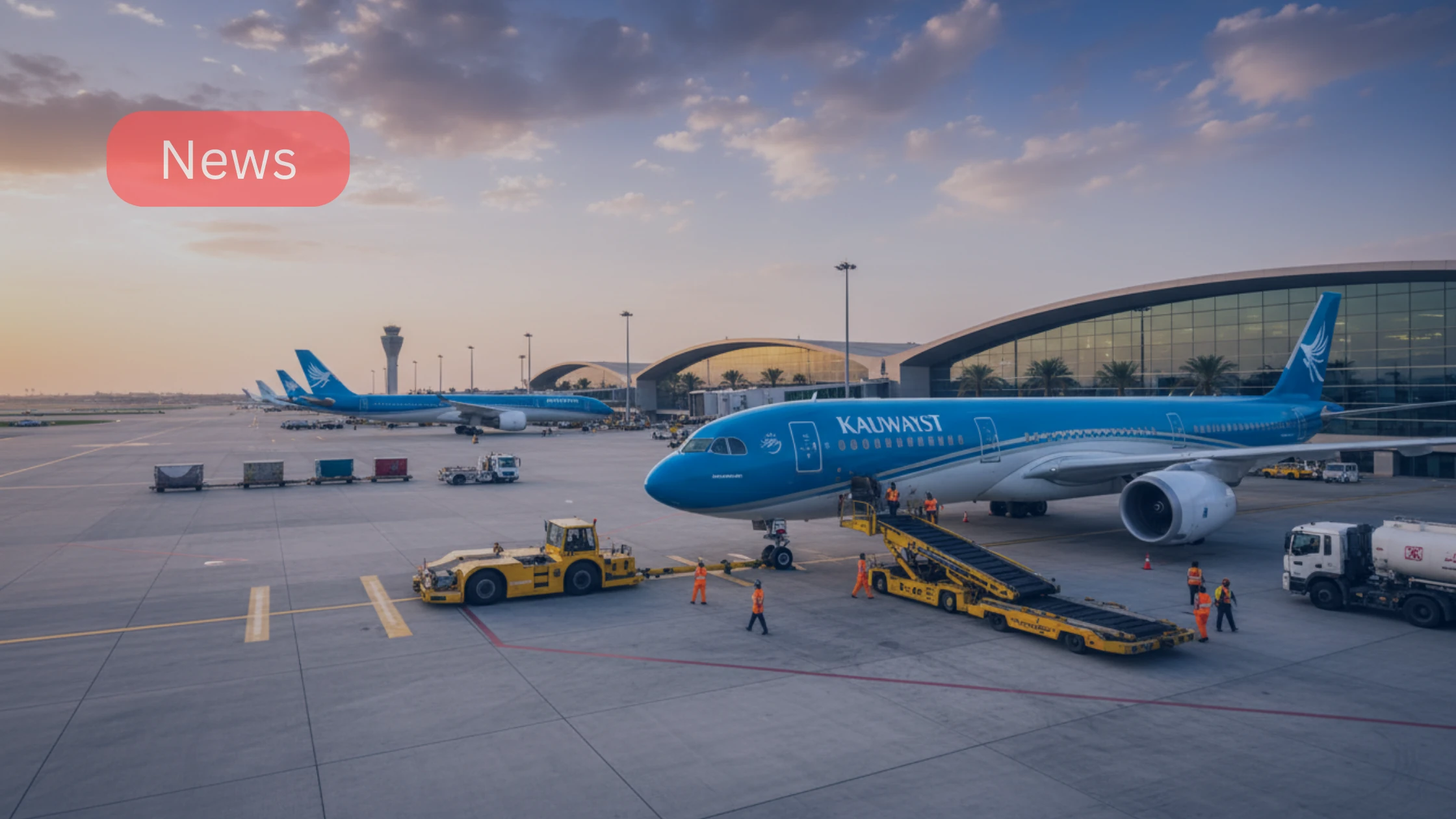 Kuwait Airways ground handling operations at Kuwait International Airport apron.