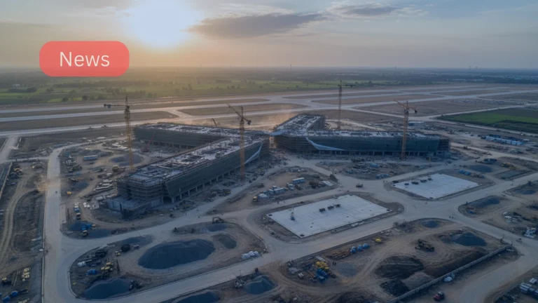 Noida International Airport construction, illustrating the launch delay and infrastructure buildout.