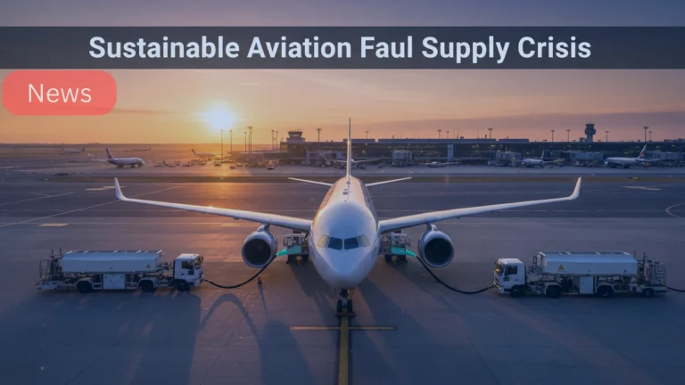 Commercial aircraft refueling with sustainable aviation fuel amid global supply challenges.